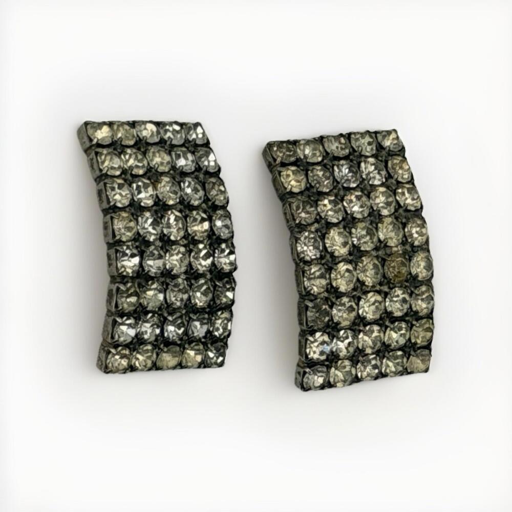 Vintage‎ Rhinestone Clip On Earrings Silver Tone Art Deco Style Clear Stones